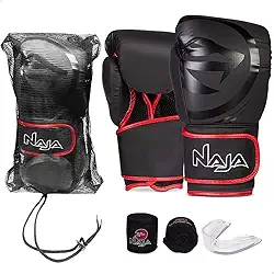 Luva de Boxe e Muay Thai Naja Black Line + Bandagem + Protetor Bucal + Bolsa (14oz, Red)