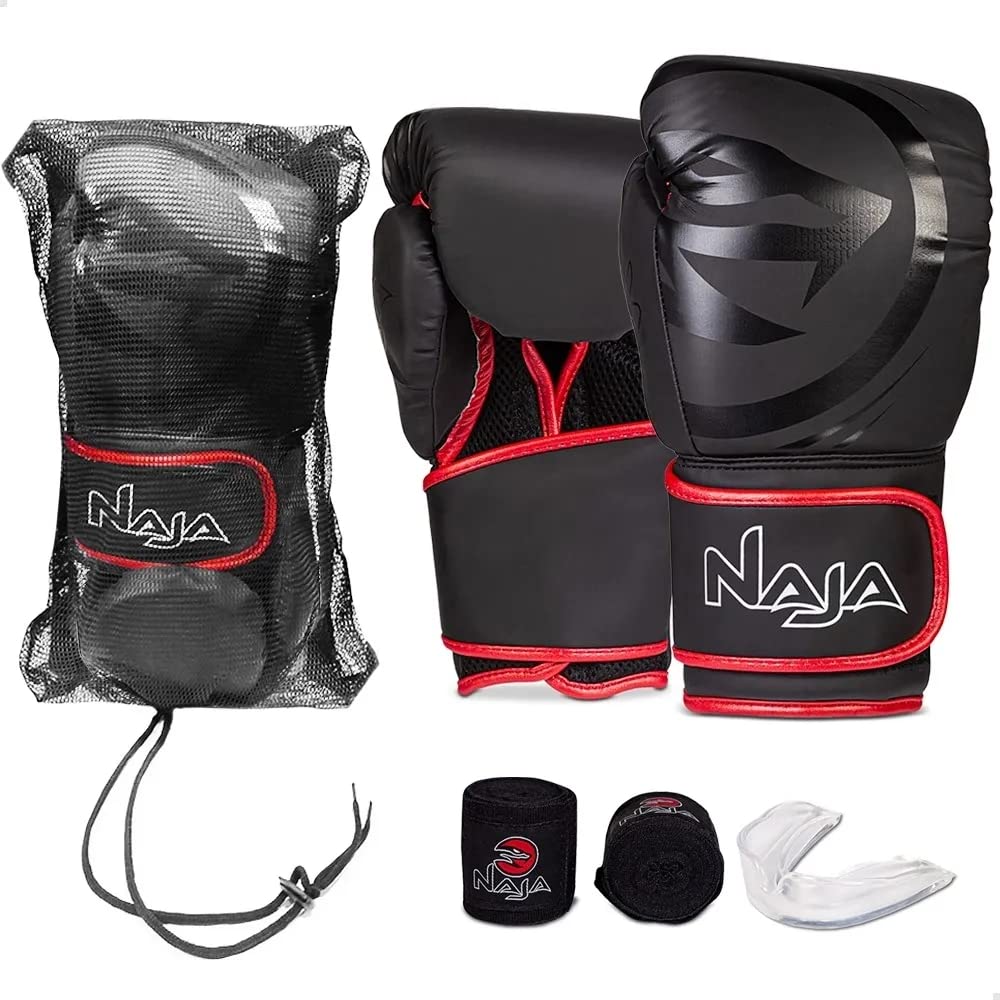 Luva de Boxe e Muay Thai Naja Black Line + Bandagem + Protetor Bucal + Bolsa (14oz, Red)
