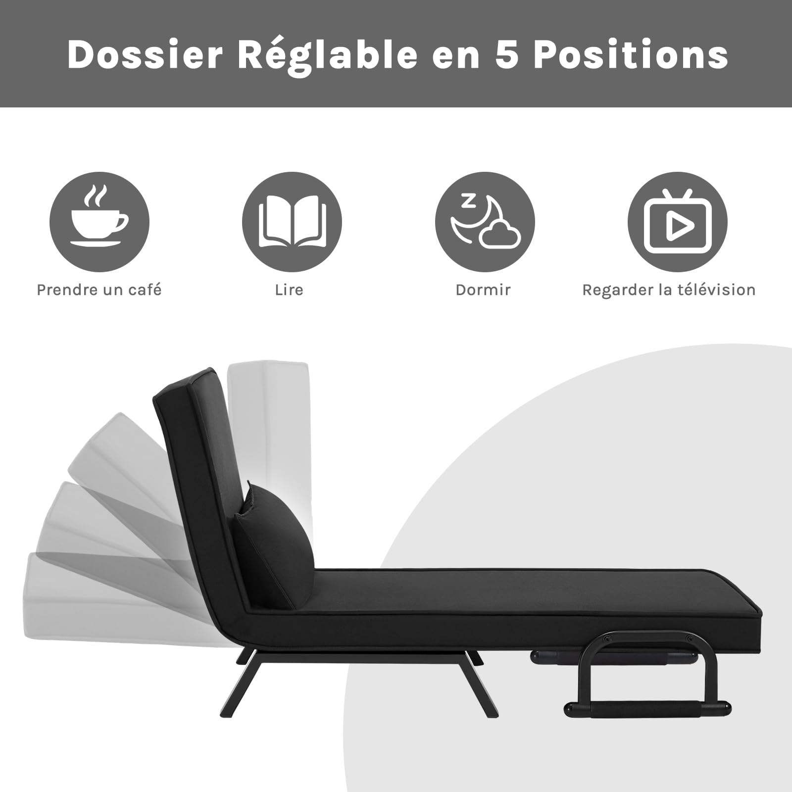 WOLTU Fauteuil Lit 1 Place Convertible, Canapé Lit Convertible 3 en 1, avec Dossier Réglable en 5 Positions, Fauteuil Salon, Oreiller Amovible, Siège Rembourré, 65x75x78cm, Noir