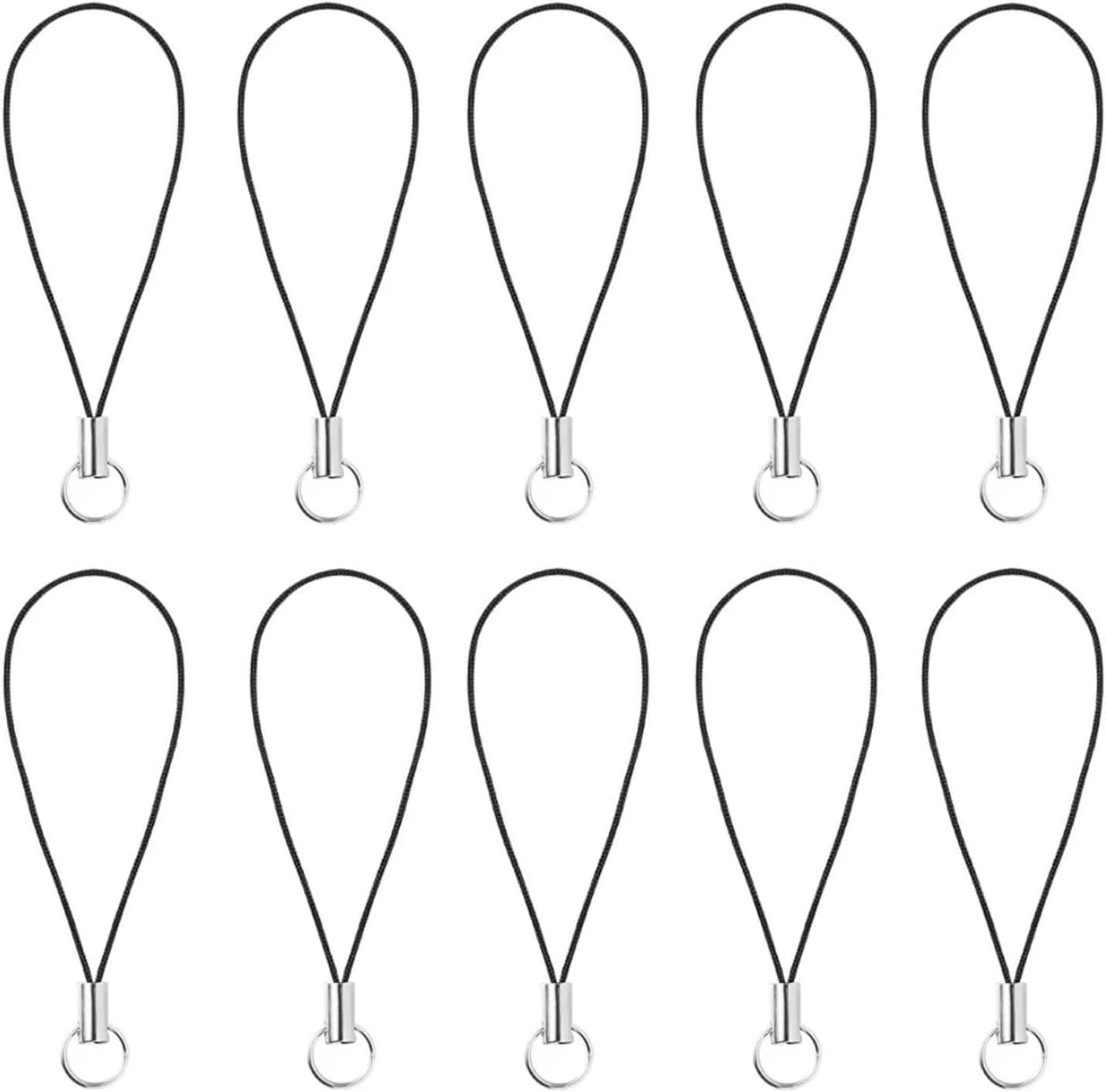 Fansoftiks 10Pcs Silver Tone Black Lanyard Strap,Split Ring Cell Phone Charm and Clasp for Phone,MP3,USB Flash Drive,Keys,Multi-Device Durable Cord,