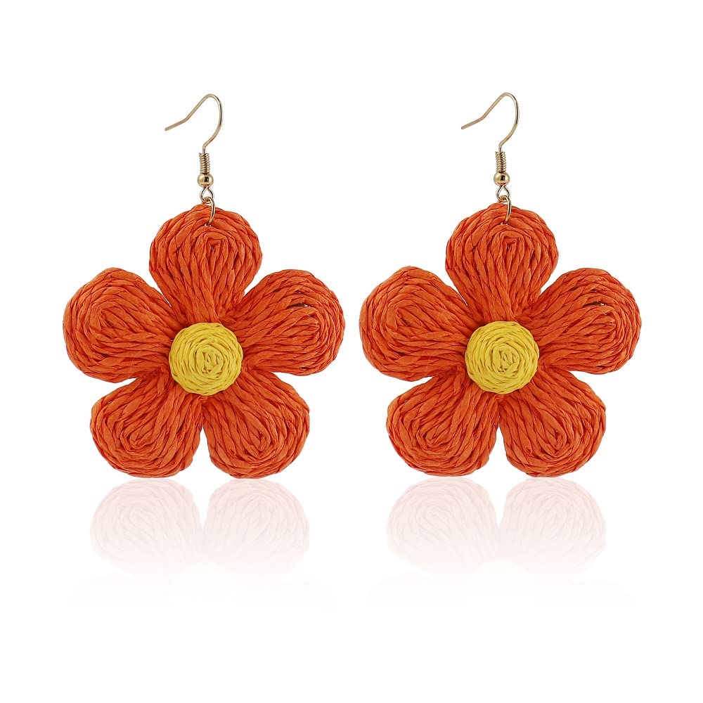 Rattan flower Earrings for Women Multicolor Daisy Raffia Straw Flower Drop Dangle Earrings Weaving Handmade Boho Summer Beach Jewelry