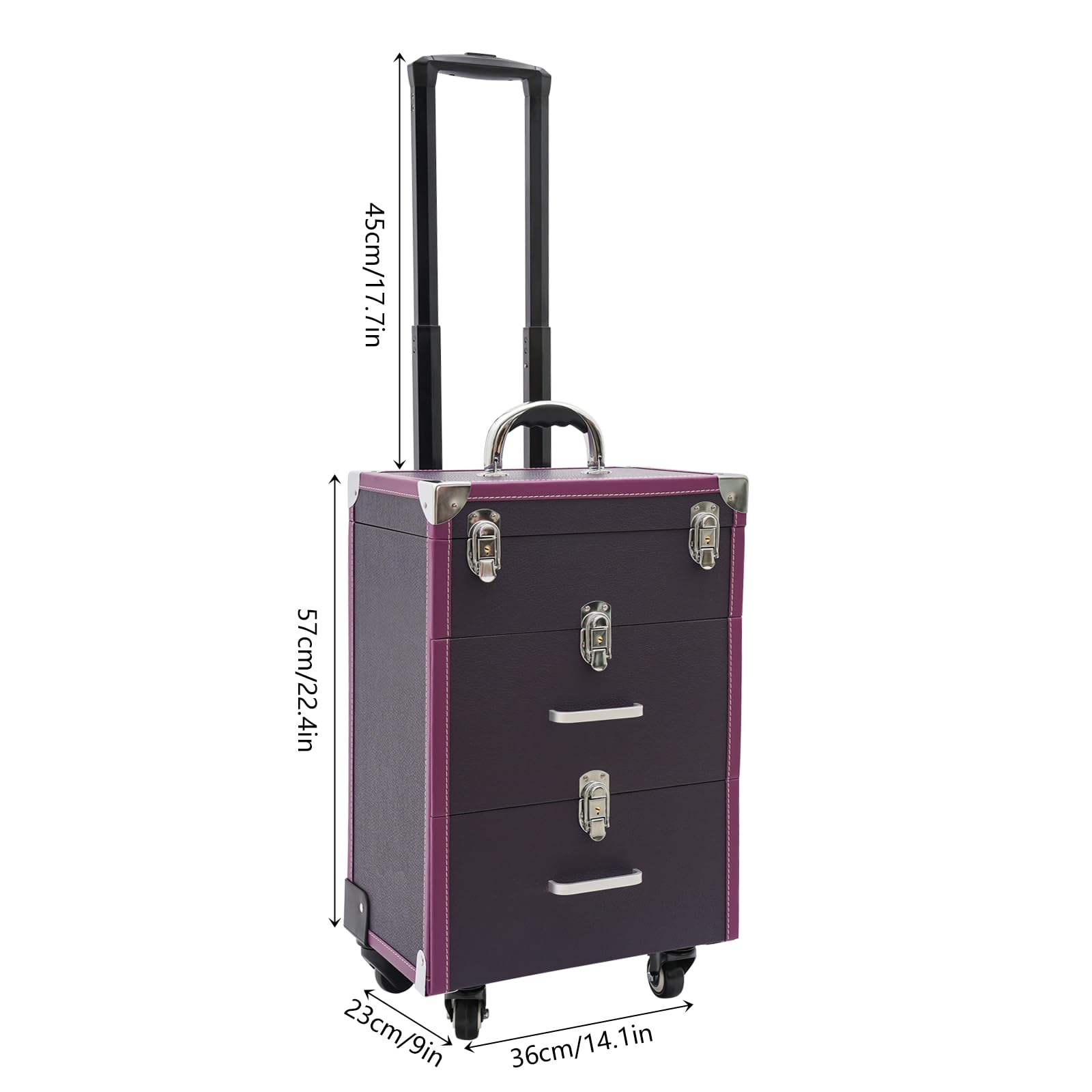 YUNLAIGOTOP Makeup Train Case, Trolley Case Nail Polish Organizer, 3-Tier Rolling Makeup with 4 Wheels, Nail Polish Organizer, Jewelry Travel Cosmetic Train Case for Barber Store/Beauty Salon (Purple)