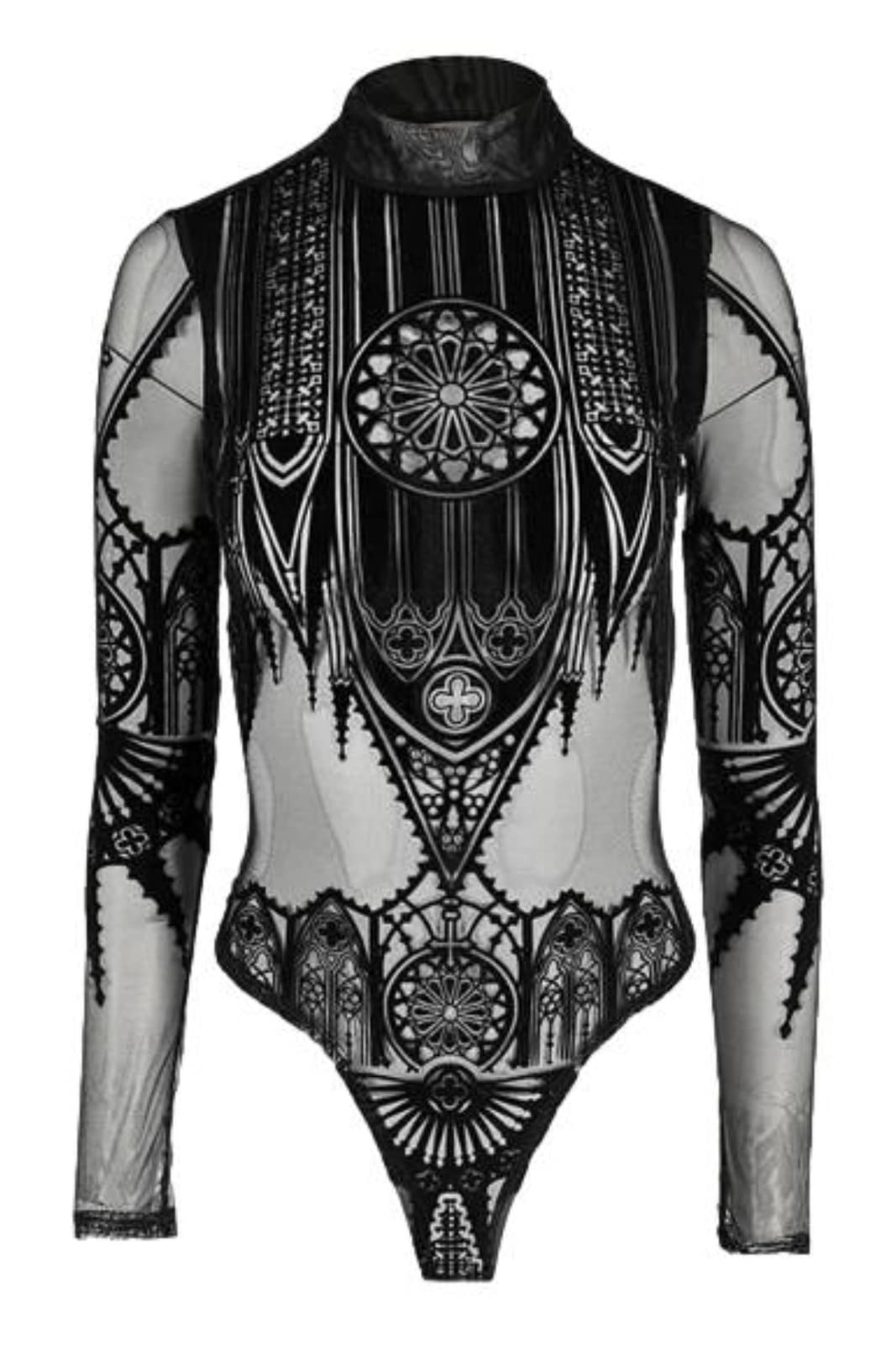 Restyle Women's Black Gothic Inverted Cathedral Mesh Velvet Sheer Contrast Sexy, S
