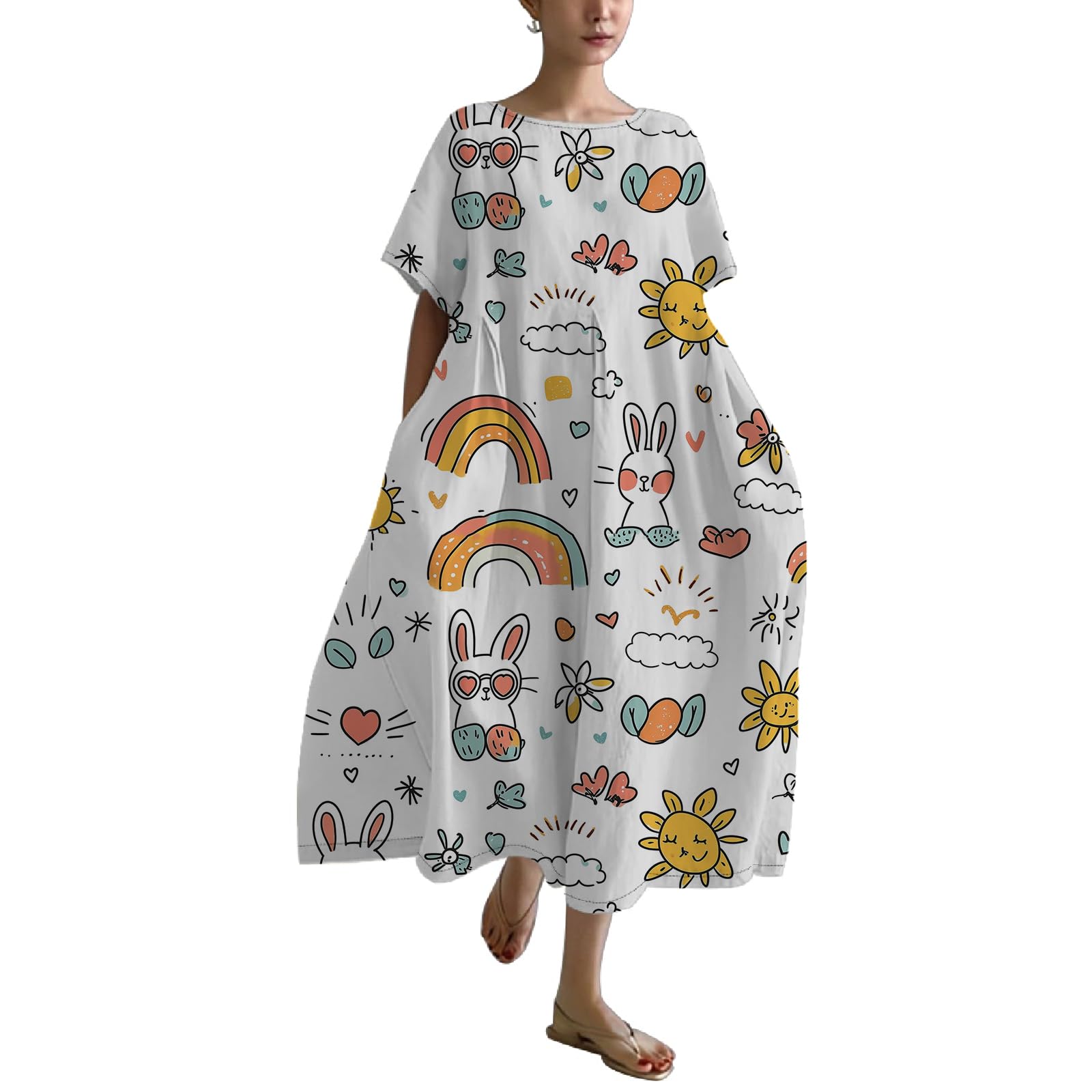 Bengbobar Easter Dress for Women, Bunny Eggs Print Maxi Dress, Short Sleeve Cotton Dress Flowy Chic Beach Summer Sundress
