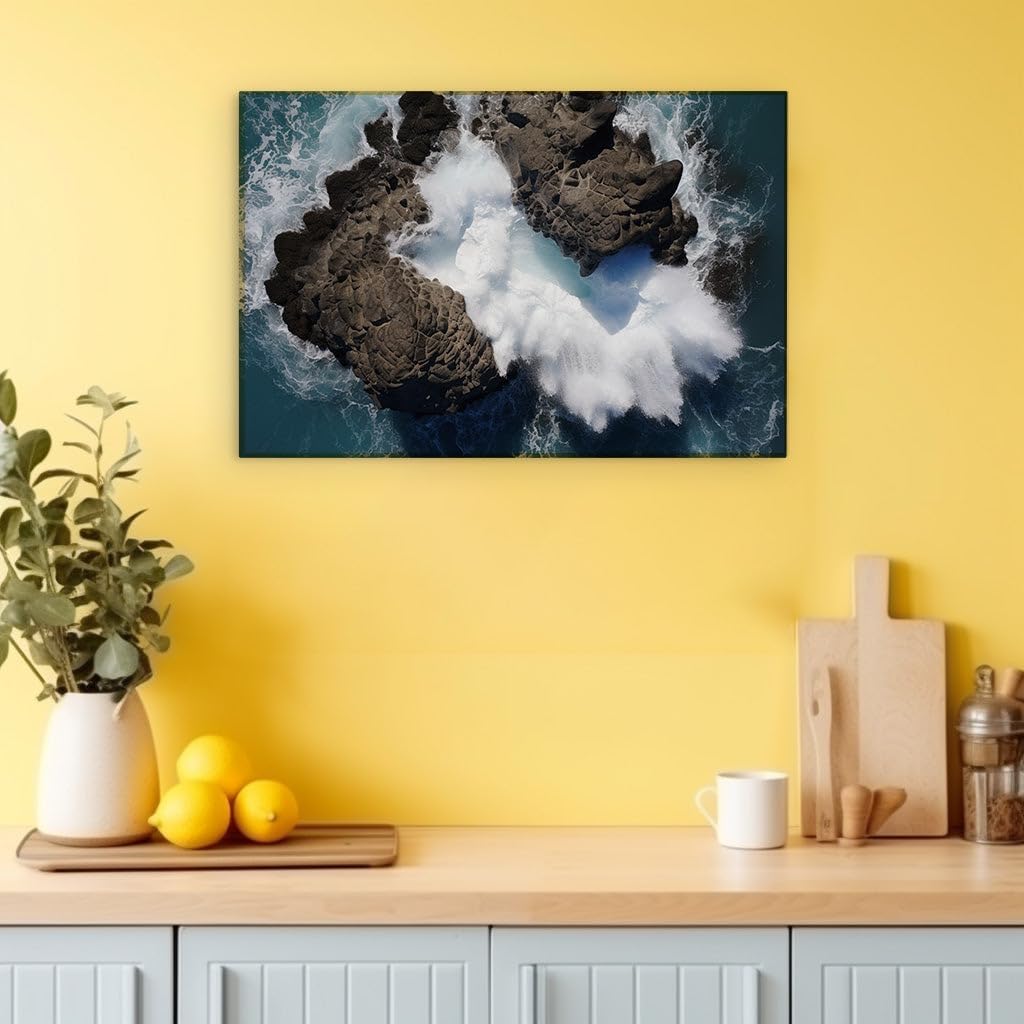 Canvas for Living room. Bull's Head Rock Against the Ocean's Might: A Stunning Aerial Dance of Waves and Stone, 27 x 18 inch Canvas Wall Art - Ready to Hang