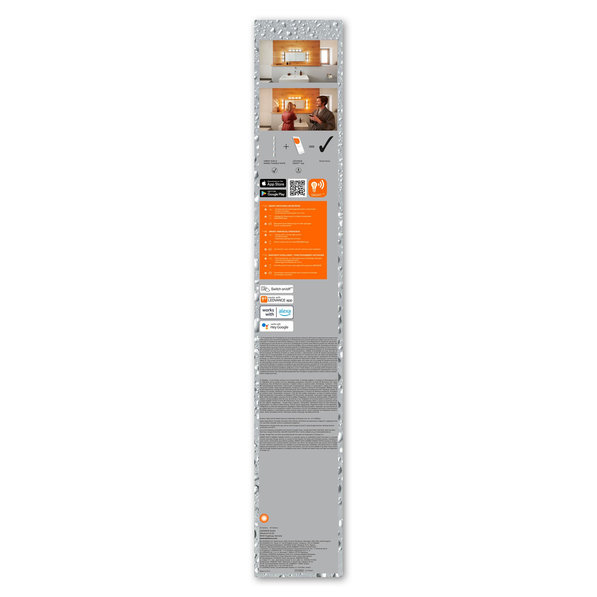 LEDVANCE Smart LED Badezimmerlampe chrome, 27W, 2800LM, 3000-6500K, 58cm, IP44, Orbis Duplo Wandleuchte, Badezimmerleuchte mit Wifi Technologie, dimmbar, steuerbar über App und Sprachassistenten