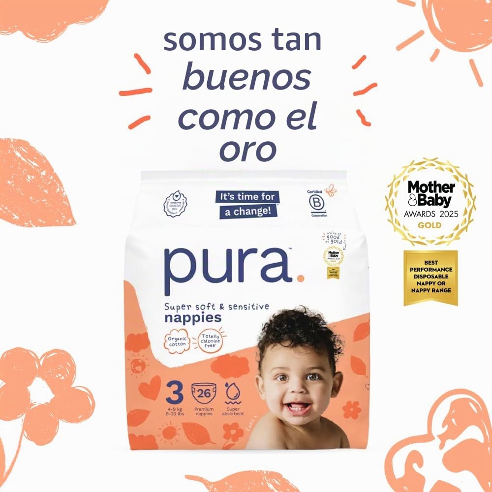 Pura Pañales para Bebé Talla 3, 156 Unidades, 4-9kg, Ultra Suaves, Hipoalergénicos y para piel sensible, sin sustancias tóxicas, Tecnología Blowout Blocker™, hasta 12 horas de protección contra fugas*