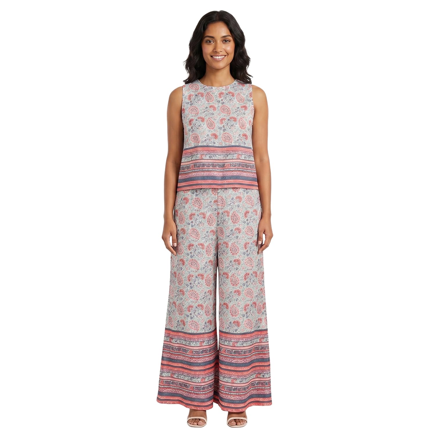 Boho Floral Paisley Two-Piece Set – Sleeveless Crop Top and Wide-Leg Pants Cord Suit for Women-image-12