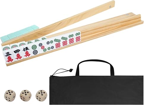 Mahjong Racks with Pushers Set of 4, All-in-One Tile Wooden Mahjong Racks 4 Strong Magnetism Attached Pushers, Dice & Storage Bags for American Mahjong Tile Wood