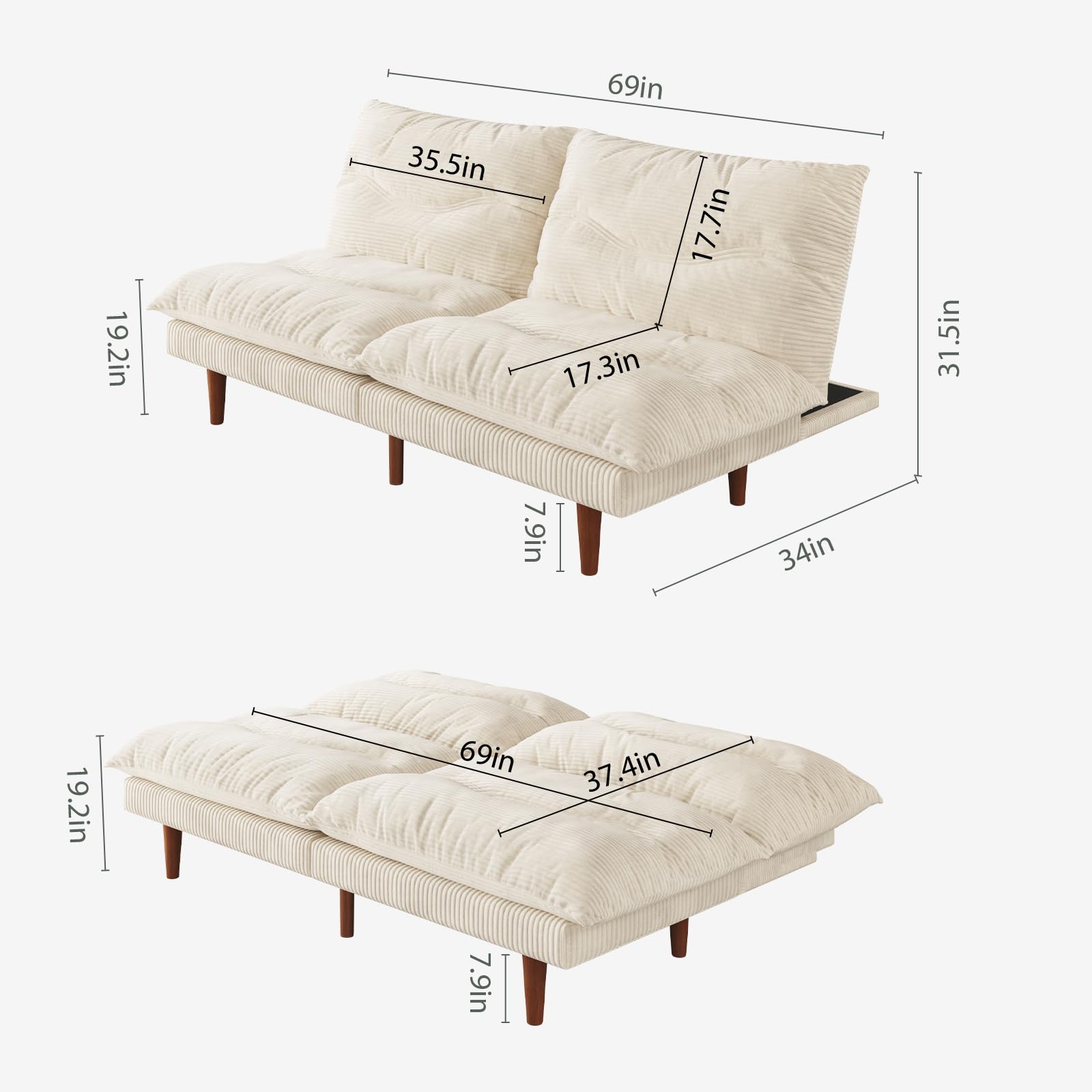 DreamDashio Futon Sofa Bed, 69'' Futon Couch with Adjustable Backrest, Folding Sleeper Recliner, Corduroy Convertible Sleeper Sofa Bed for Apartment, Living Room, Office, Beige