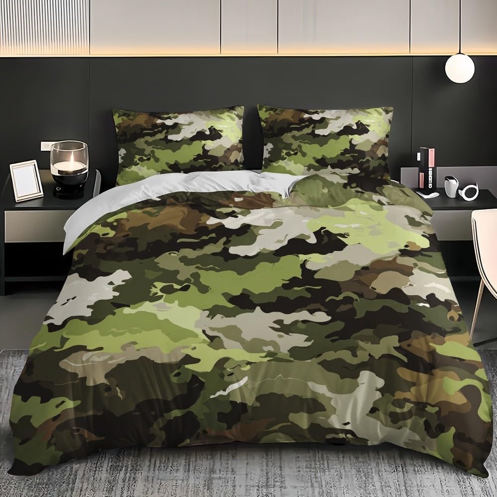 Copripiumino Matrimoniale Camuffare Traspirante in Microfibra Set di Biancheria da Letto Camuffamento Militare con Cerniera 3D Copripiumino 240x220 e 2 Federe b.4565