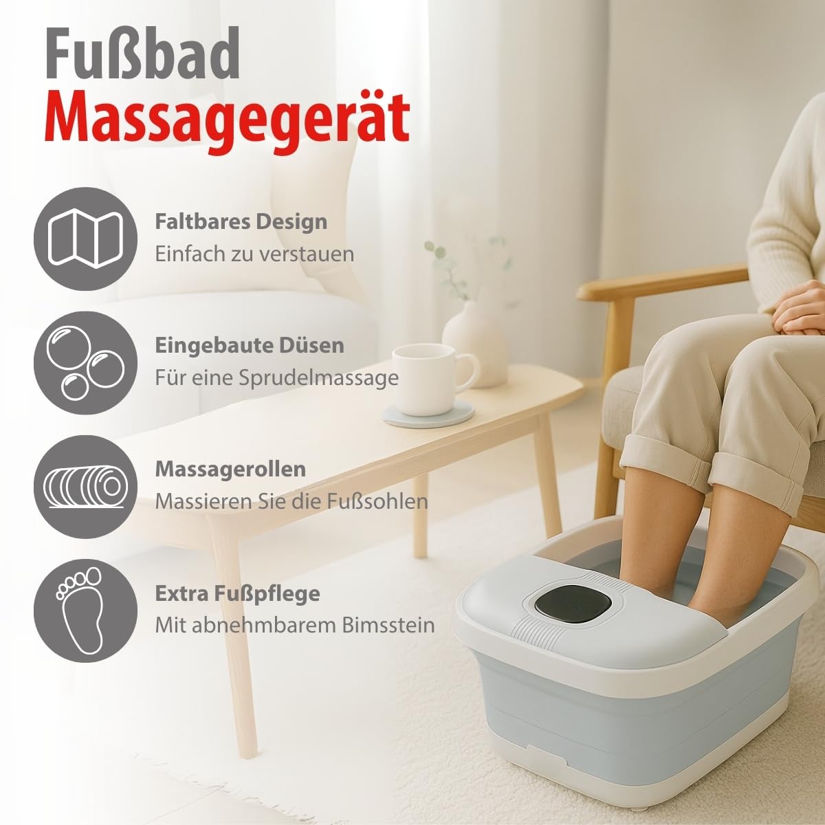 alpina Fußsprudelbad 8L 500W – Faltbares Fußmassagegerät mit Heizung und Blasen – Massage-Rollen und Bimsstein – Heim-Spa für Fußpflege – Hellblau