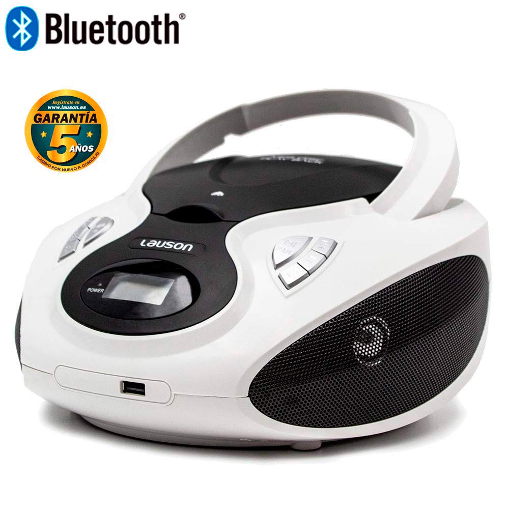 Lauson Radio FM y Reproductor de CD Portátil con USB | Radio FM | USB y Mp3 | CD Player Bluetooth con Salida para Auriculares 3.5mm CP640 (Blanco Bluetooth)
