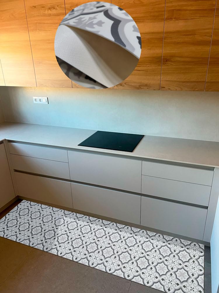 Tadi & Imperio1979 Tapis Vinyle hydraulique, Disponible en différentes Tailles, élégant, Design et résistance pour Votre Espace, Cuisine, Salon, Salle à Manger, Sol en PVC (60 x 200 cm, étoile Grise)