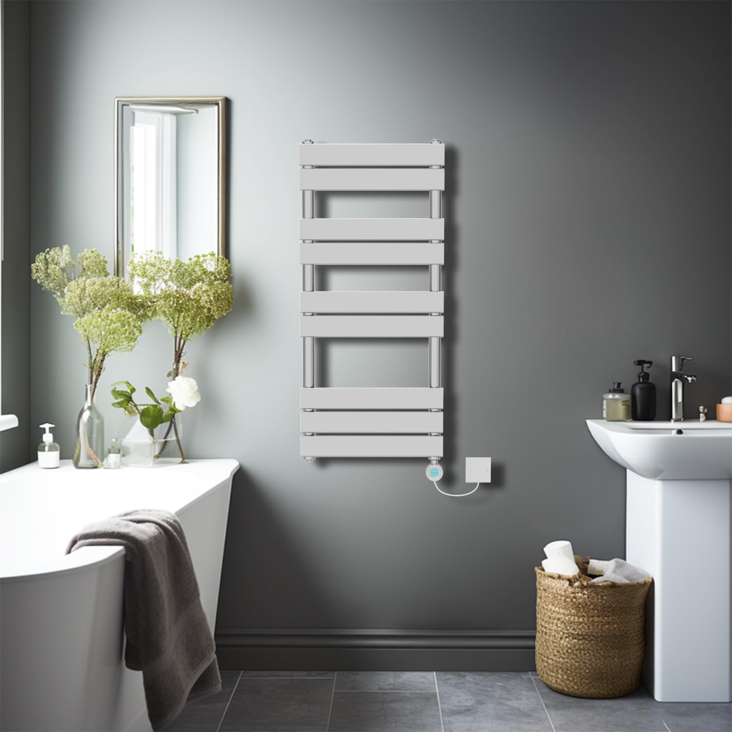 NRG 1000×450mm Chrome Flat Panel Towel Rail Radiator with WiFi LCD Element