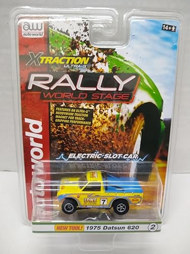 Auto World SC393-2B Rally World Stage 1975 Datsun 620 HO Scale Coche eléctrico de la ranura - amarillo y azul