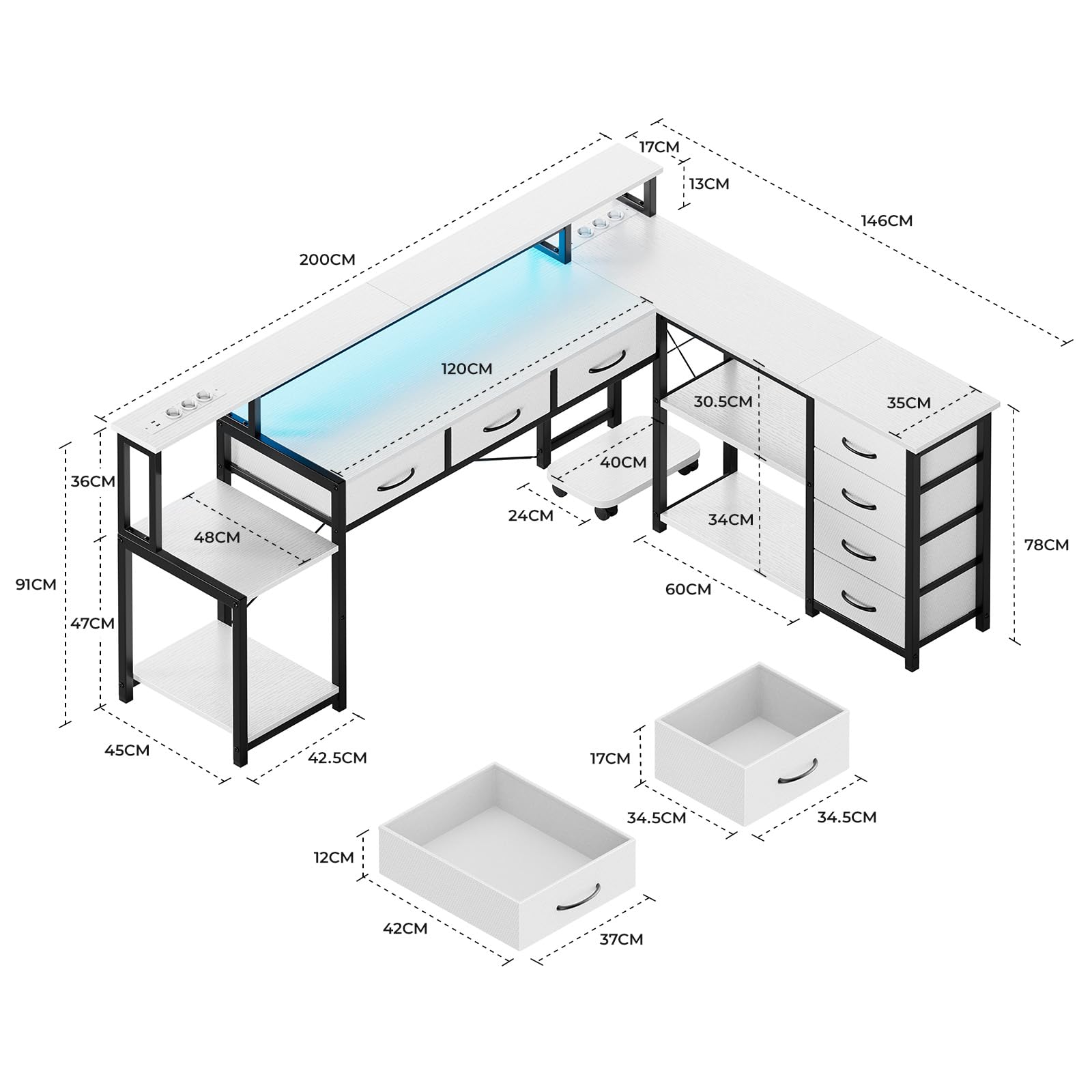 Schreibtisch L-Form 200 x 146 cm mit LED, Steckdose & Schubladen, Weiß