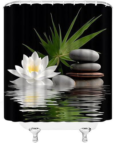 Miniatura 3 de Cortina de ducha de loto de spa con flores de loto blanco, piedras negras, lirio de agua, floral, hojas de palma, estilo japonés, relajante,