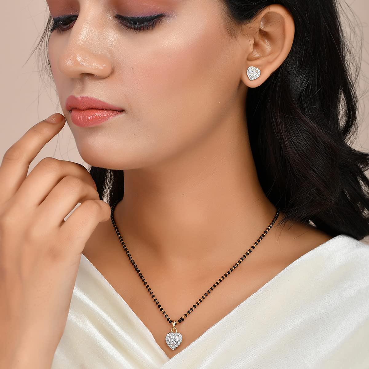 Women's Heart Shaped CZ Studded Mangalsutra Set, Sparkling Gift