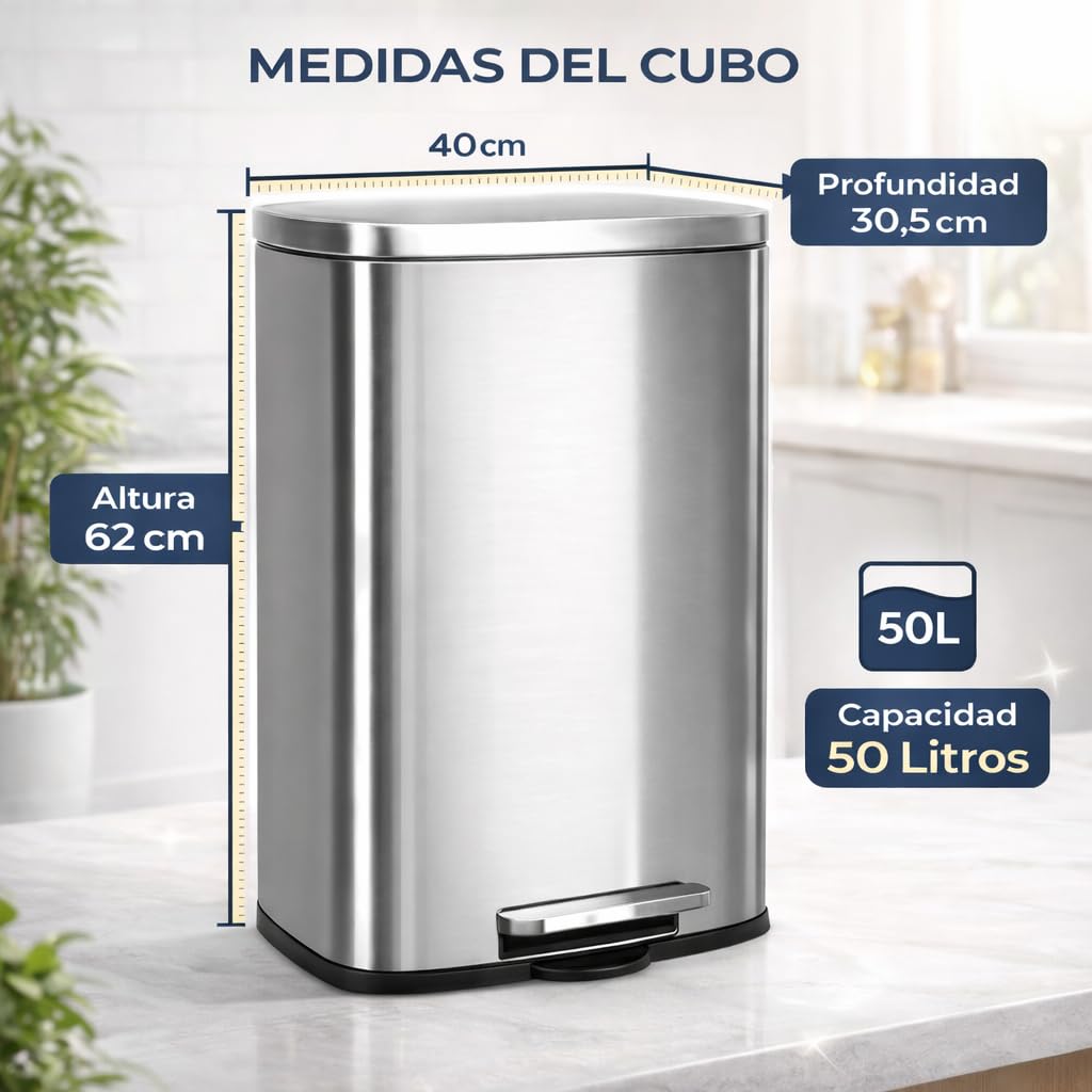T-LOVENDO.ES Cubo de Basura 50L Grande de Acero Inoxidable con Pedal | Papelera con Tapa Anti-Olores | Sistema Sujeta Bolsas | Diseño Moderno | Apertura Suave y Silenciosa | Cocina Baño Oficina
