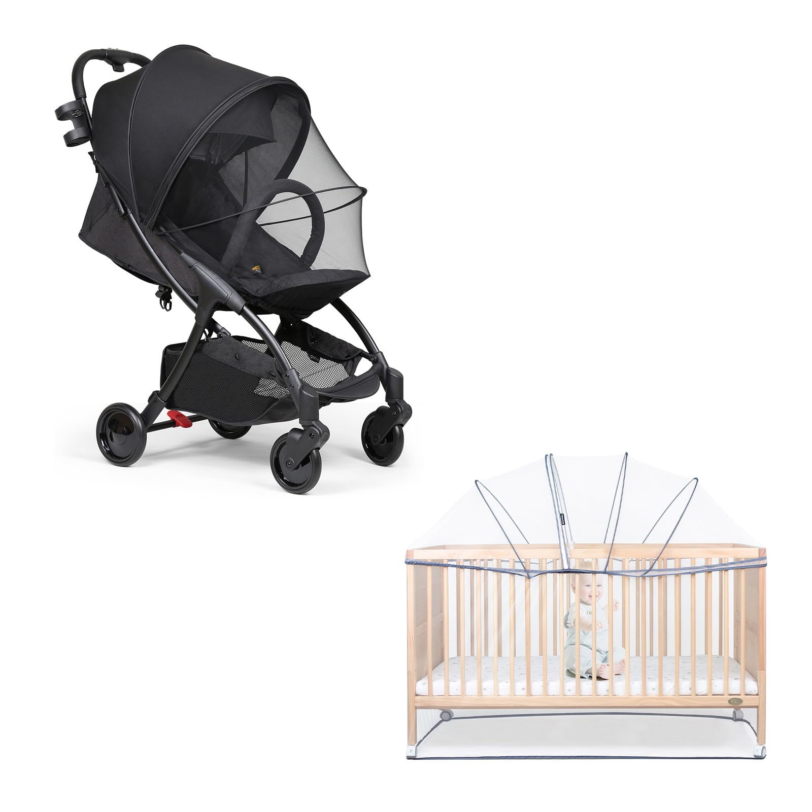 Beberoad Babybett Moskitonetz Insektenschutz Universal + 2 in 1 Moskitonetz mit Sonnenschutz für Kinderwagen