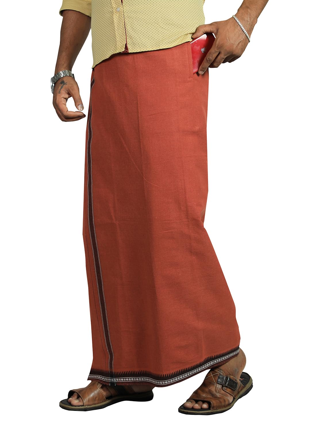 Prakasam Cotton Mens Cotton Kerala Thalapathi Border Welcro Pocket Dhoti (Size -S Size Dhoti) / Dark Kavi Colour Thalapathi Adjustable Pocket Dhoties For Mens