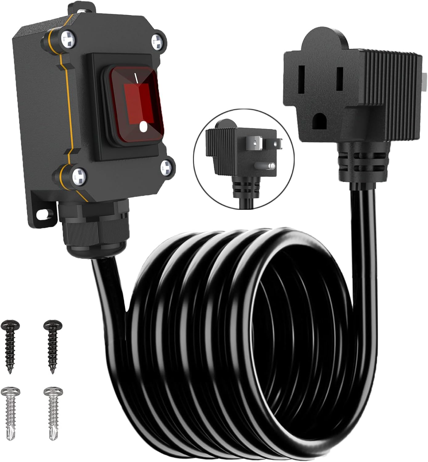 Inline Cord Switch with 14AWG Cable, Outdoor Extension Cord Switch with Piggyback Plug (3-Pronged), IP67 Waterproof Inline Power Switch with Red LED Rocker Button, Heavy Duty AC/DC 20A-125V