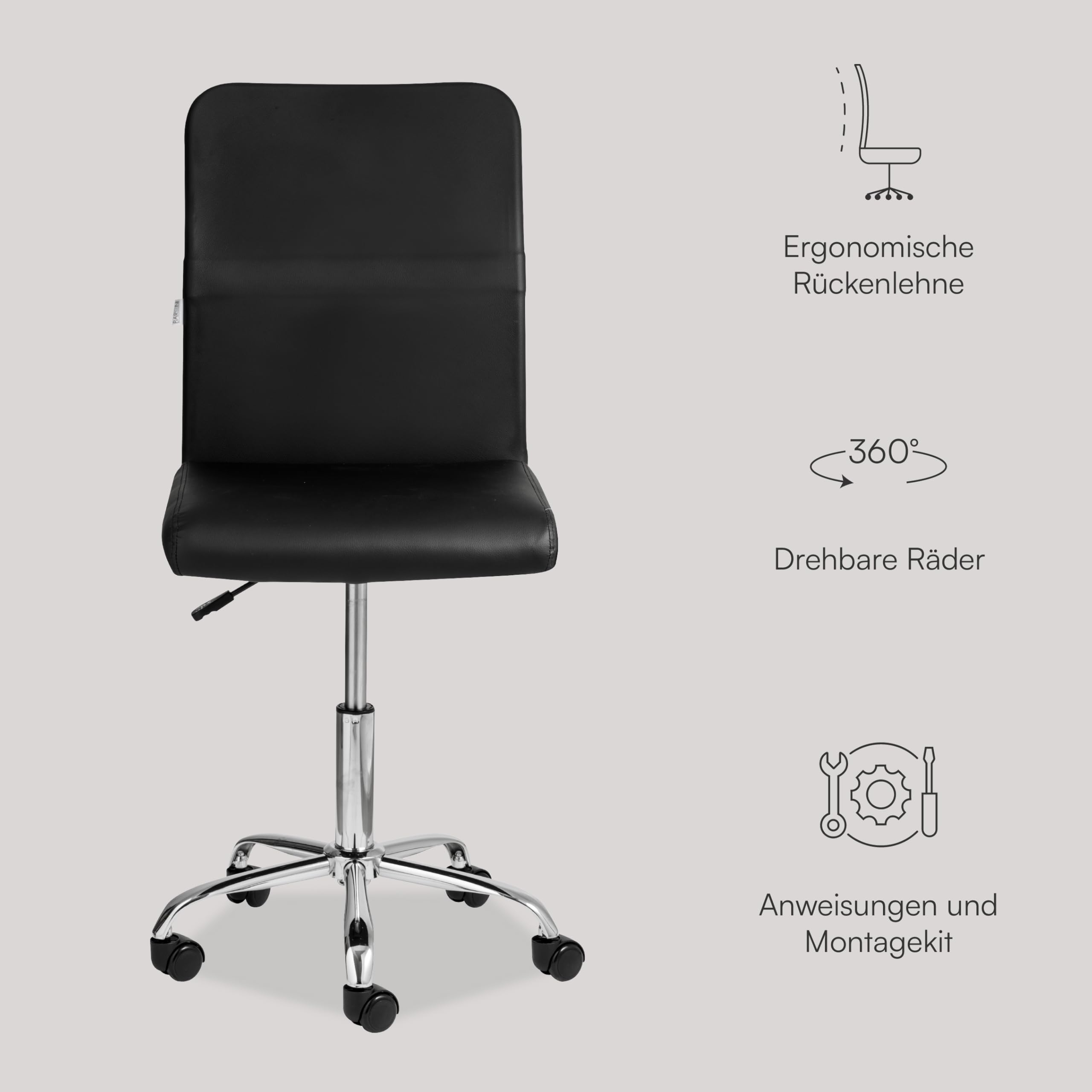 Baroni Home Bürostuhl aus Stoff, um 360 Grad drehbar, gepolsterter Bürostuhl mit Verstellbarer Höhe ohne Armlehnen, ergonomischer Sitz, 44x50x110 cm, Schwarz Kunstleder