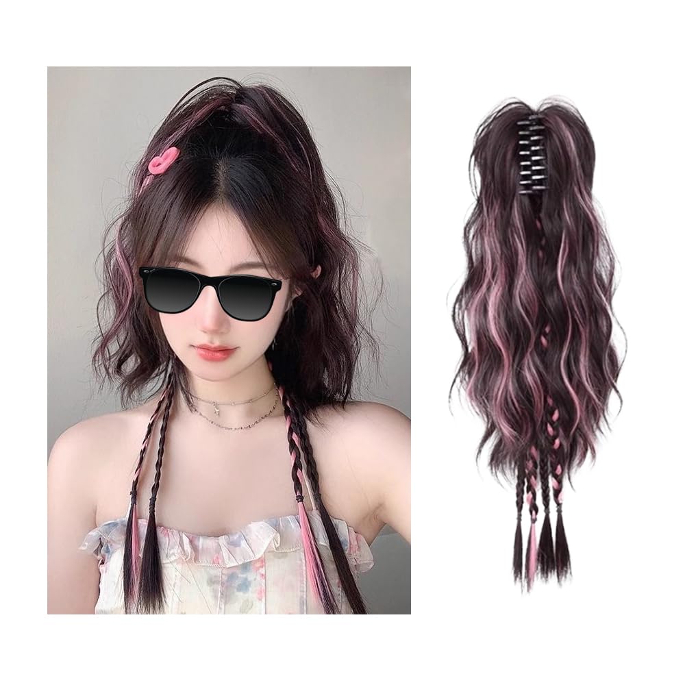 MIUPOO Womens Braided Hairpiece with Claw Clip,Fountain Ponytail Claw Clip,Boxing Braids Hair,Womens Wigs Long Hair,Colorful Highlights High Ponytail,