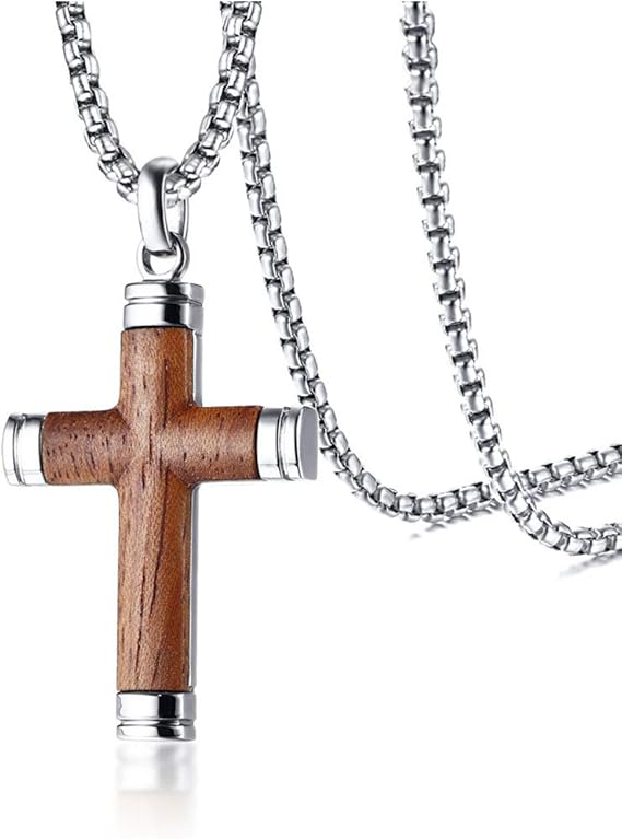 Amazon Rockyu ブランド 人気 ネックレス メンズ 十字架 シルバー チェーン チタン 梨花木 チタン梨花木 メンズ ブラウン 十字架 クロス 木 メンズネックレス カジュアル シンプル プレゼント 銀色 ネックレス 通販