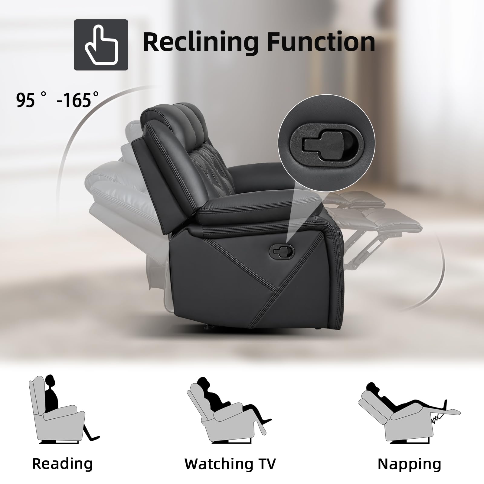 EBELLO Faux Leather Manual Reclining Sofa, 3 Seat Recliner Sofa Chair, Couch Furniture for Living Room, Furniture, Meeting Room, Black (3 Seat Sofa) view 4