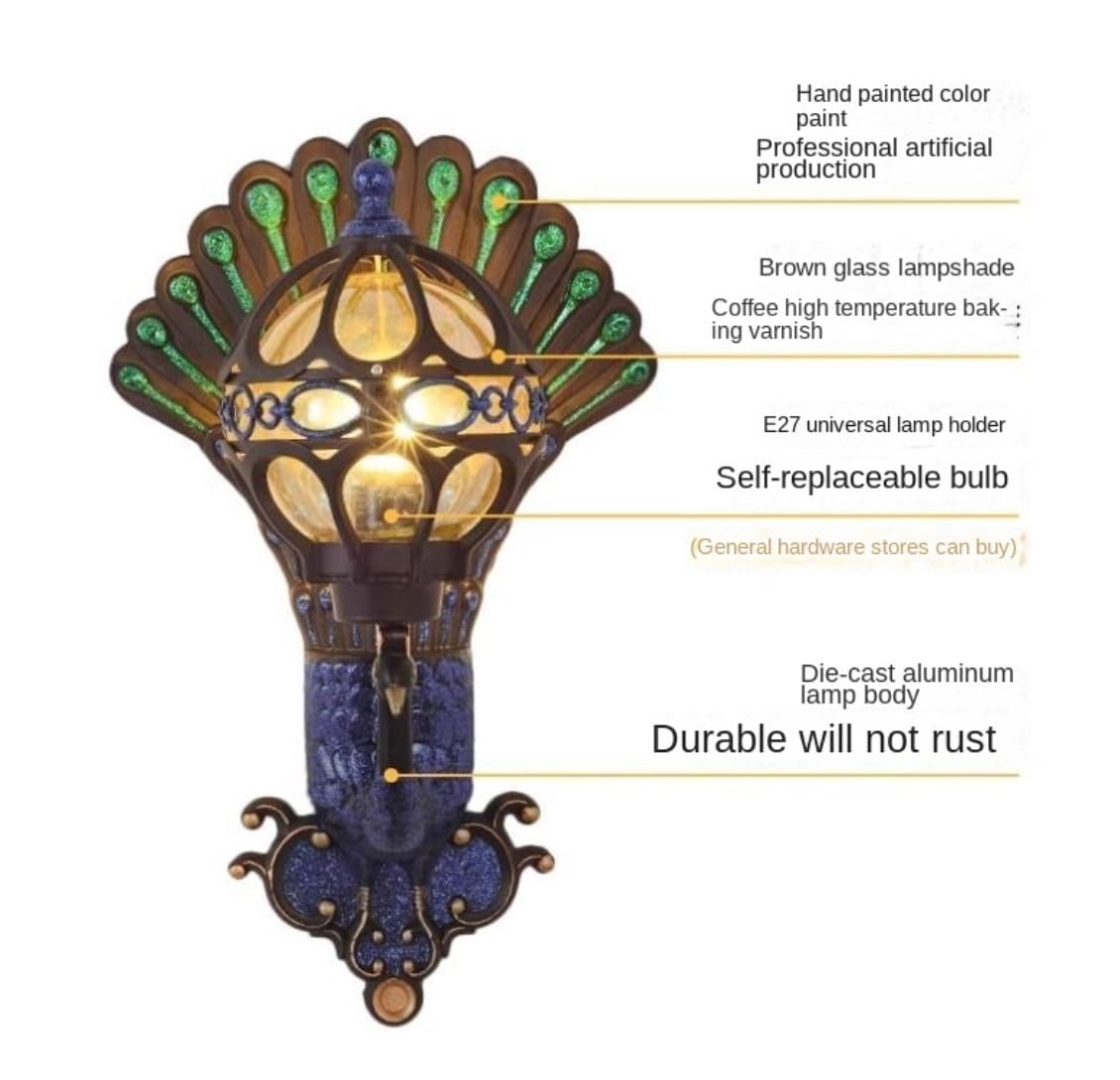 Wejścia Lampa Zewnętrzna Peacock Zewnętrzne Lampy Ścienne Aluminiowe Szklane Ogrodowe Wodoodporne Kinkiety Do Przejścia W Willi Wspólnotowej Oświetlenie Ogrodu(B)