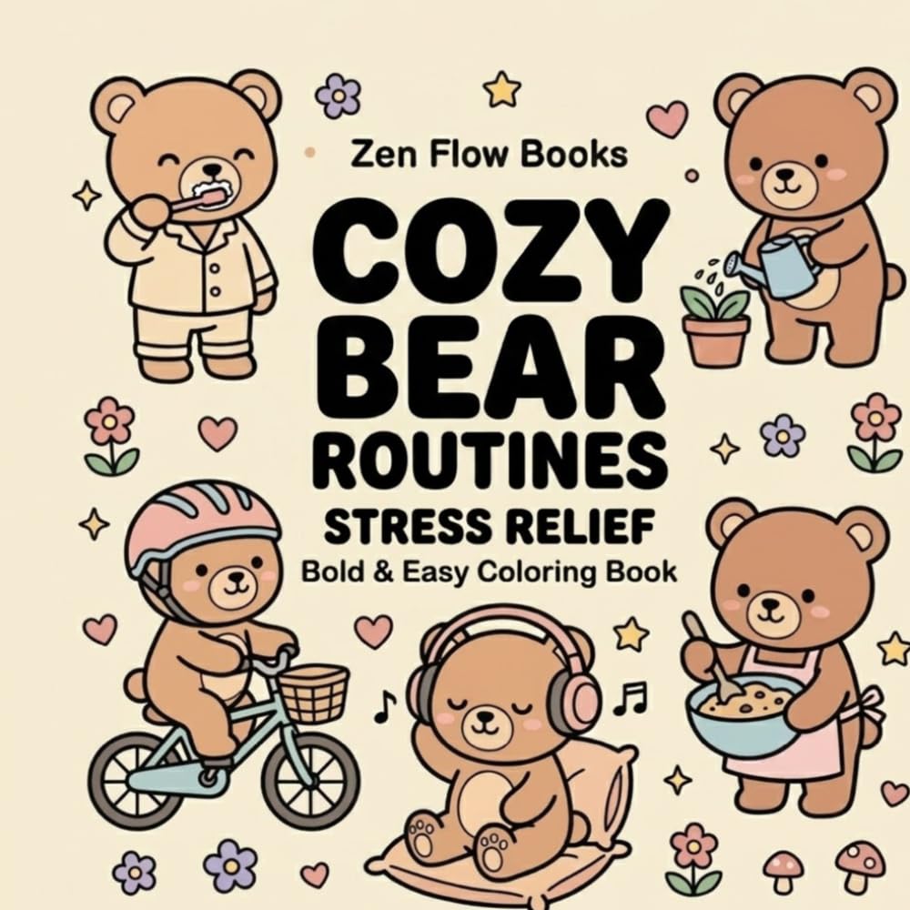 Cozy Bear Routines: A Cute Stress Relief Coloring Book with Simple and Relaxing Bear Activities, Bold and Easy Designs for Adults and Teens