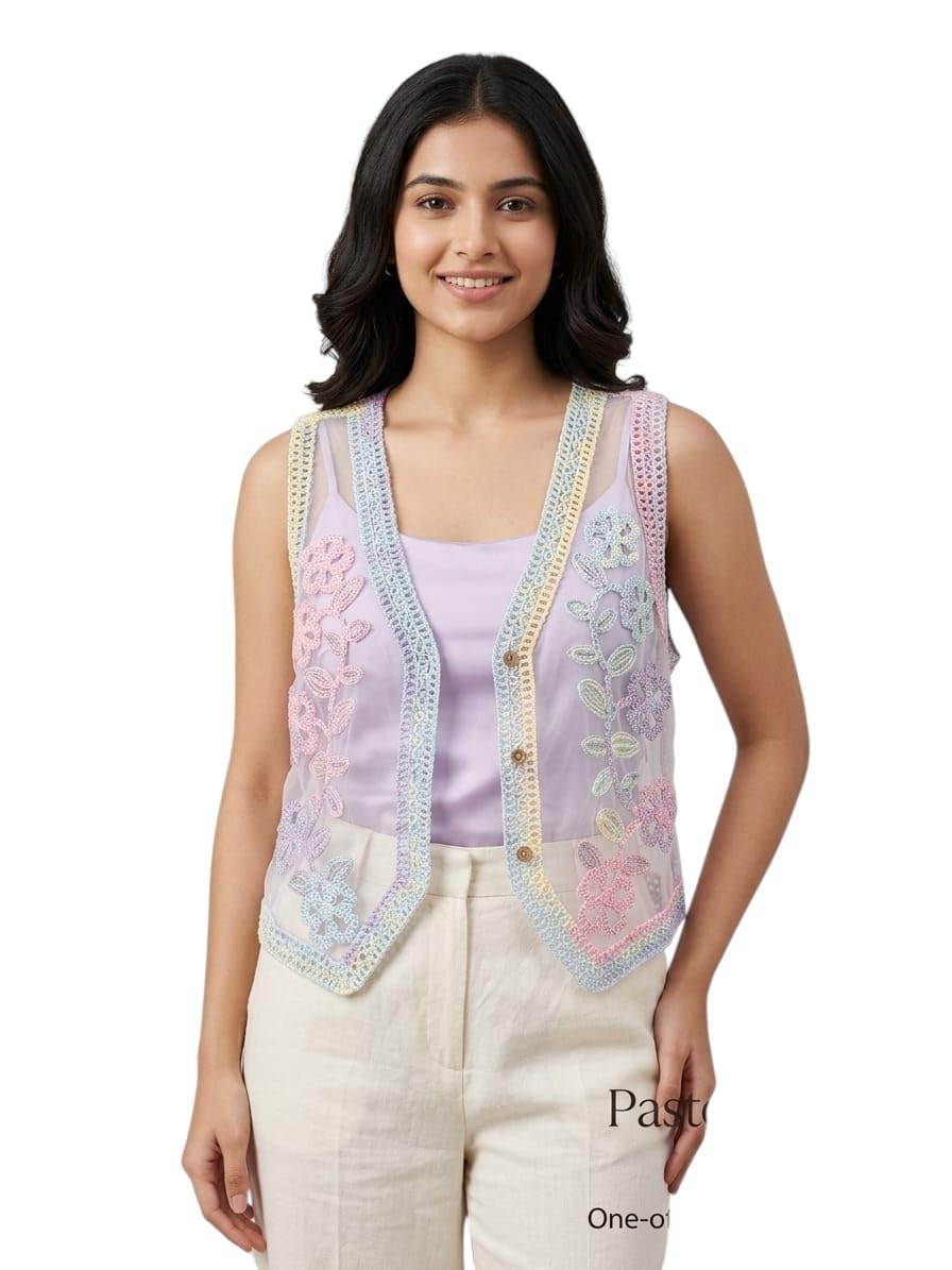 Pastel Floral Crochet Lace Vest, Handcrafted Artisanal Shrug, Multicolour, One-of-a-Kind, for Women-picture-46