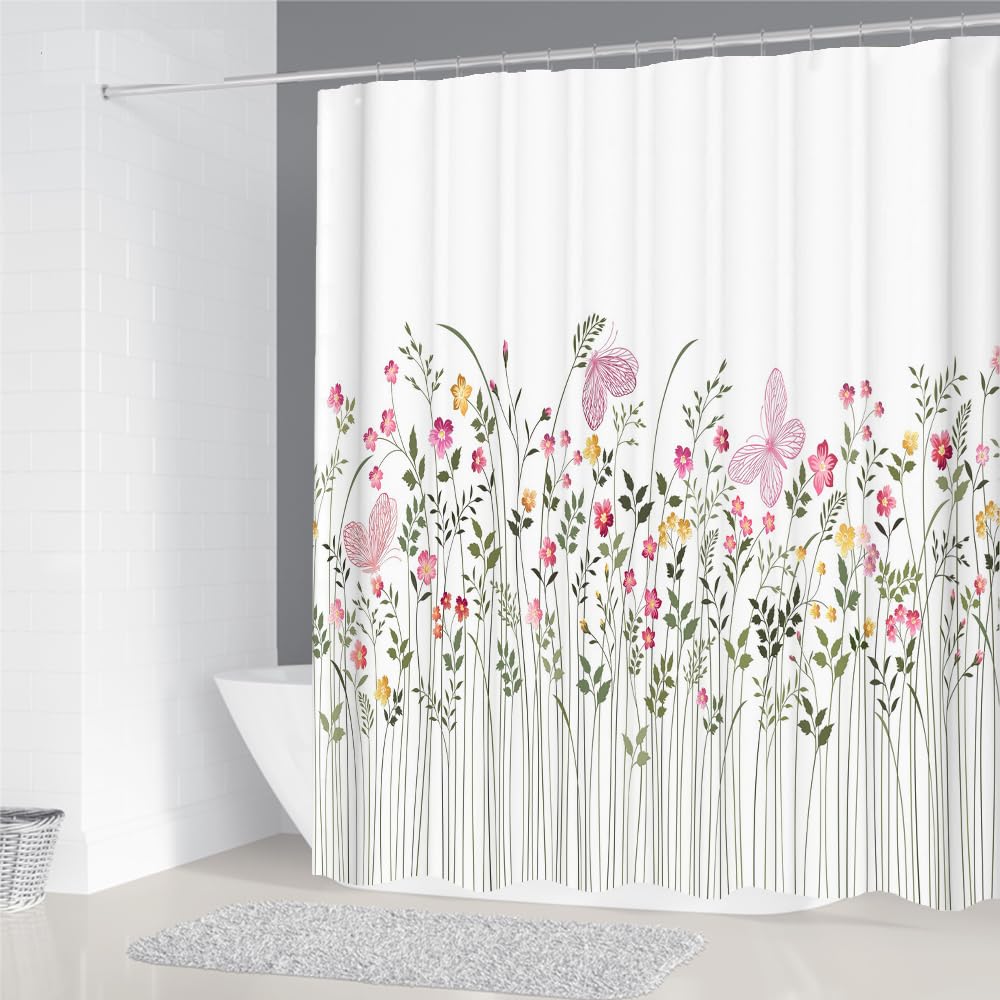 Shfdjtl Pink/Green Shower Curtain Butterfly Shower Curtains Mould Proof Resistant Waterproof Bathroom Curtains Polyester 3D Shower Curtain Washable Wet Room Shower Curtain (180X200cm)