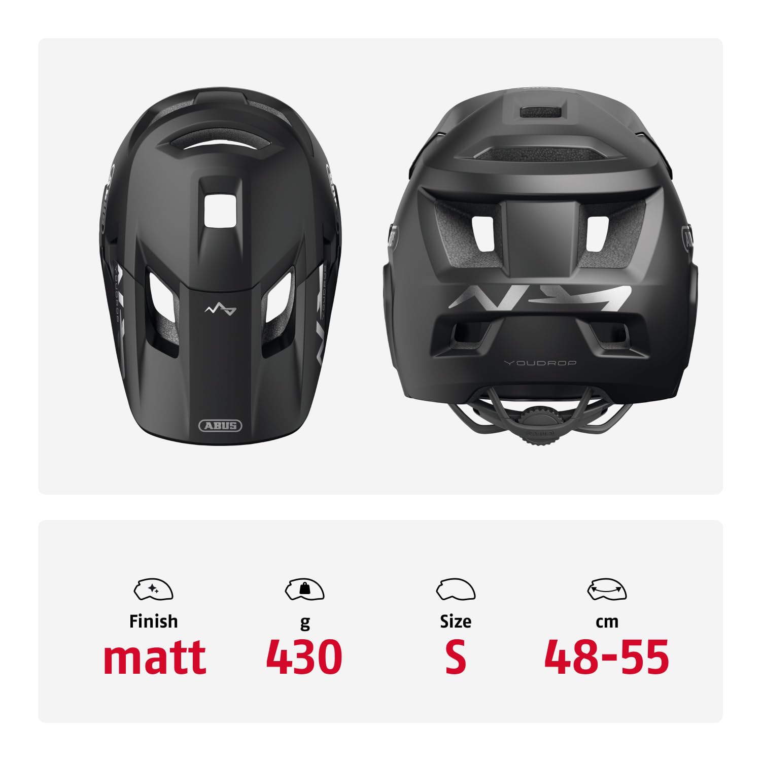 ABUS YouDrop FF - Casco de Bicicleta de montaña para niños y jóvenes, para iniciar el Ciclismo de montaña, con Protector de Barbilla extraíble, Color Negro, Talla S