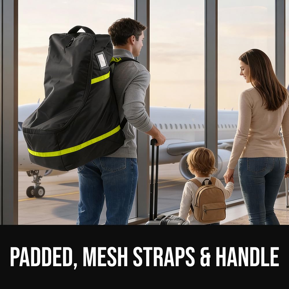 GORILLA GRIP Tear and Water Resistant Padded Car Seat Travel Bag for Airplane and Airport, Universal Fit Baby Carseat Bags, Holds Up to 50lbs, Handle & Shoulder Straps, Air Gate Check Carrier, Yellow — view 6
