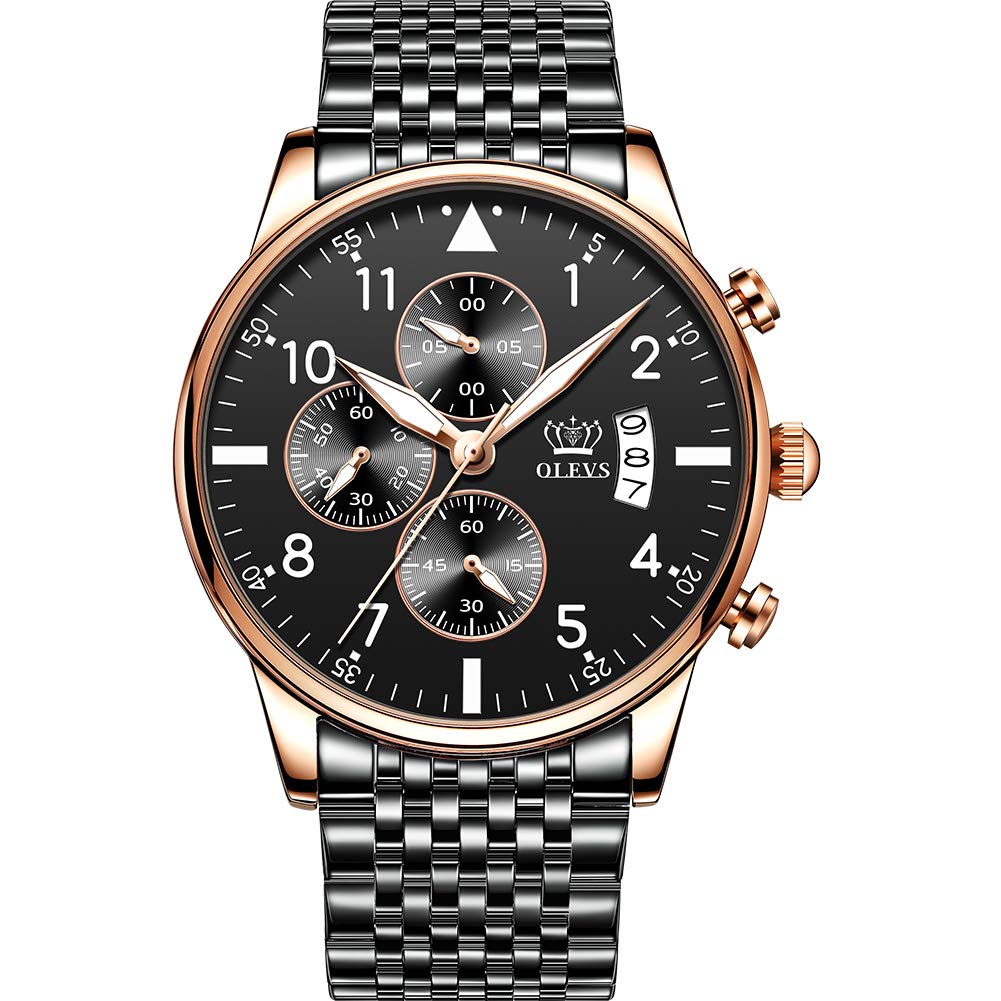 OLEVSMen's Fashion Wrist Watch 42mm Big Dial Business Dress Watch Stainless Steel Band Multi-Functions Timepiece Analog Quartz Watch with Calendar Chronograph Luminous Hands