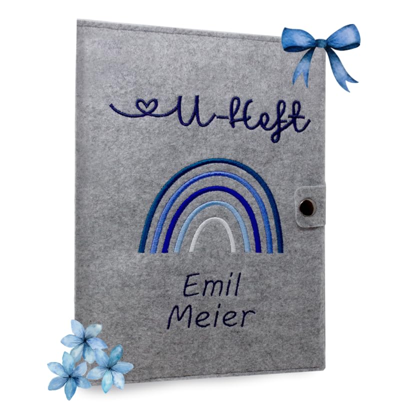 Cozy Racoon U-Heft- und Impfpasshülle aus Filz mit Personalisierung/Name | 3- teiliges Set | Hochwertige Hülle für Untersuchungsheft, Impfpass und Versichertenkarte Deines Kindes | Regenbogen Blau