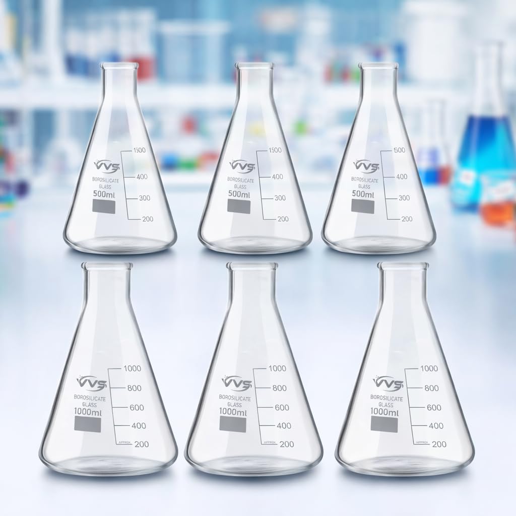 VVS Borosilicate Glass 3.3 Measuring Conical Flask 500ml 3 Pcs, 1000ml 3 Pcs, Pack of 6 For Lab Laboratory, School, College And Professional use-image-28