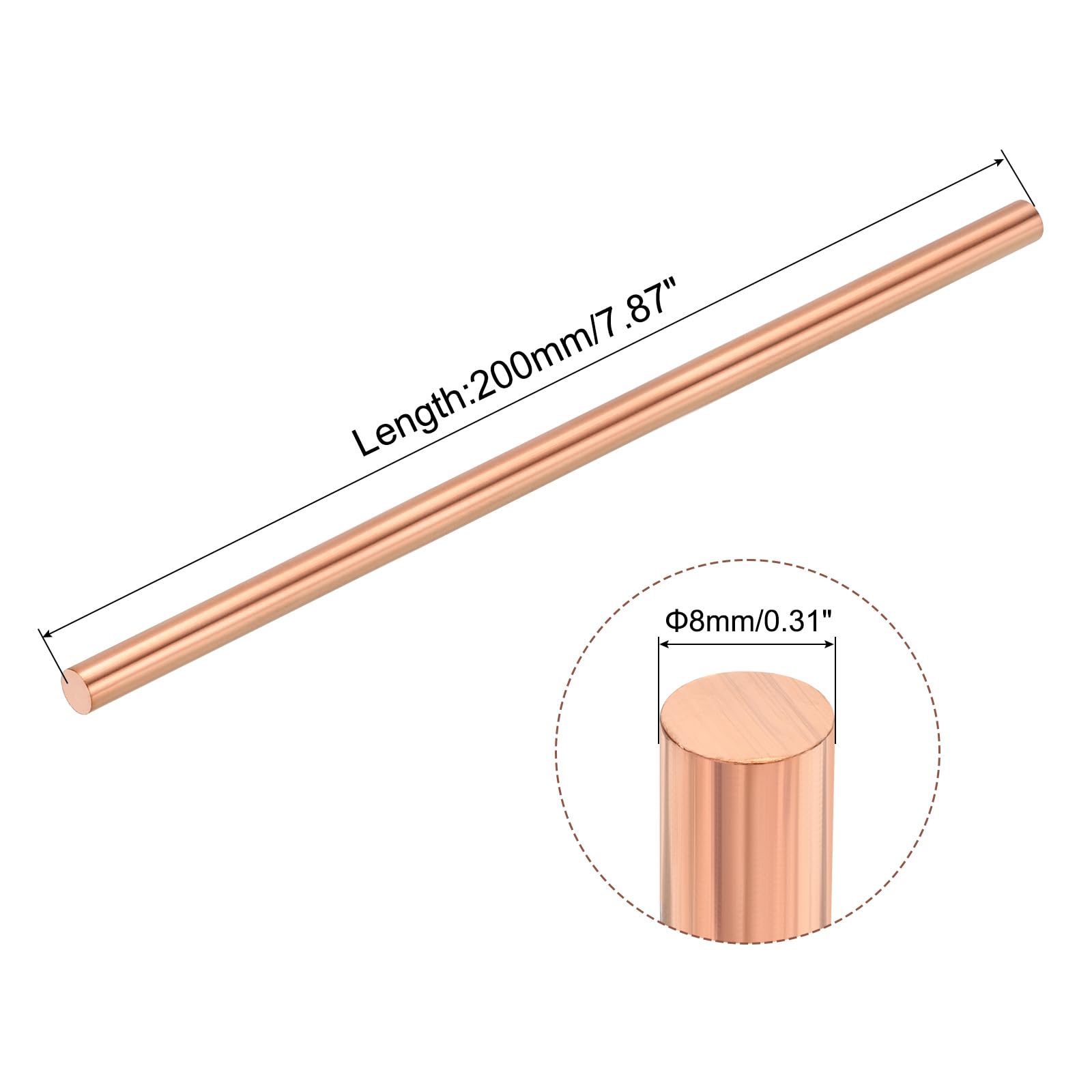 sourcing map Masywny pręt miedziany z czystej miedzi średnica 8 mm | Miedziany pręt do samodzielnego rzemiosła metalowego i hobby, długość 200 mm
