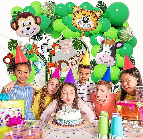 Image of Rozi Decoration Jungle Theme Birthday Decoration Kit Pack of 82 Pcs | Animal Theme Party Set with 6 Foil Balloons, Happy Birthday Banner, Garland Arch & Golden Confetti Balloons for Boys & Girls