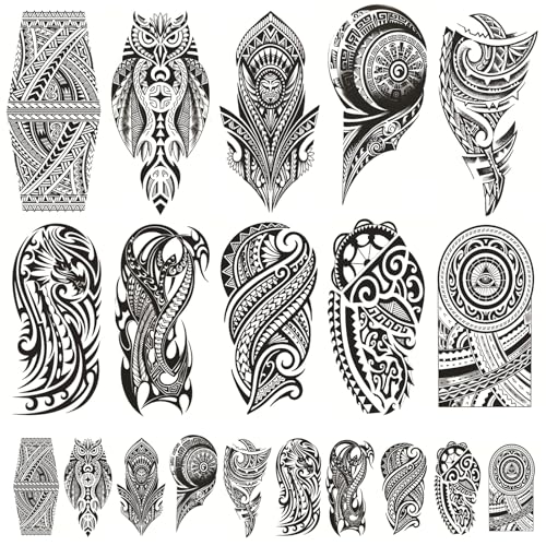 20 Feuilles Tatouages Temporaires Tribaux Maori Pour Homme Et Femme 3D Noir Faux Tatouages Ephemere Tatouage d'Épaule Demi-Bras Réalistes Imperméable Faux...