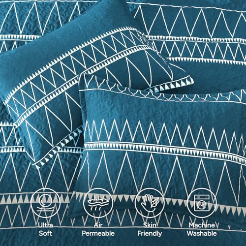 Image of Andency Teal Quilts Queen Size, 3 Pieces Queen Quilt Bedding Set Boho Lightweight Soft Striped Bedspread for All Season (90 inchx96 inch), Printed Bohemian Polyester Reversible Coverlet Comoforter Sets