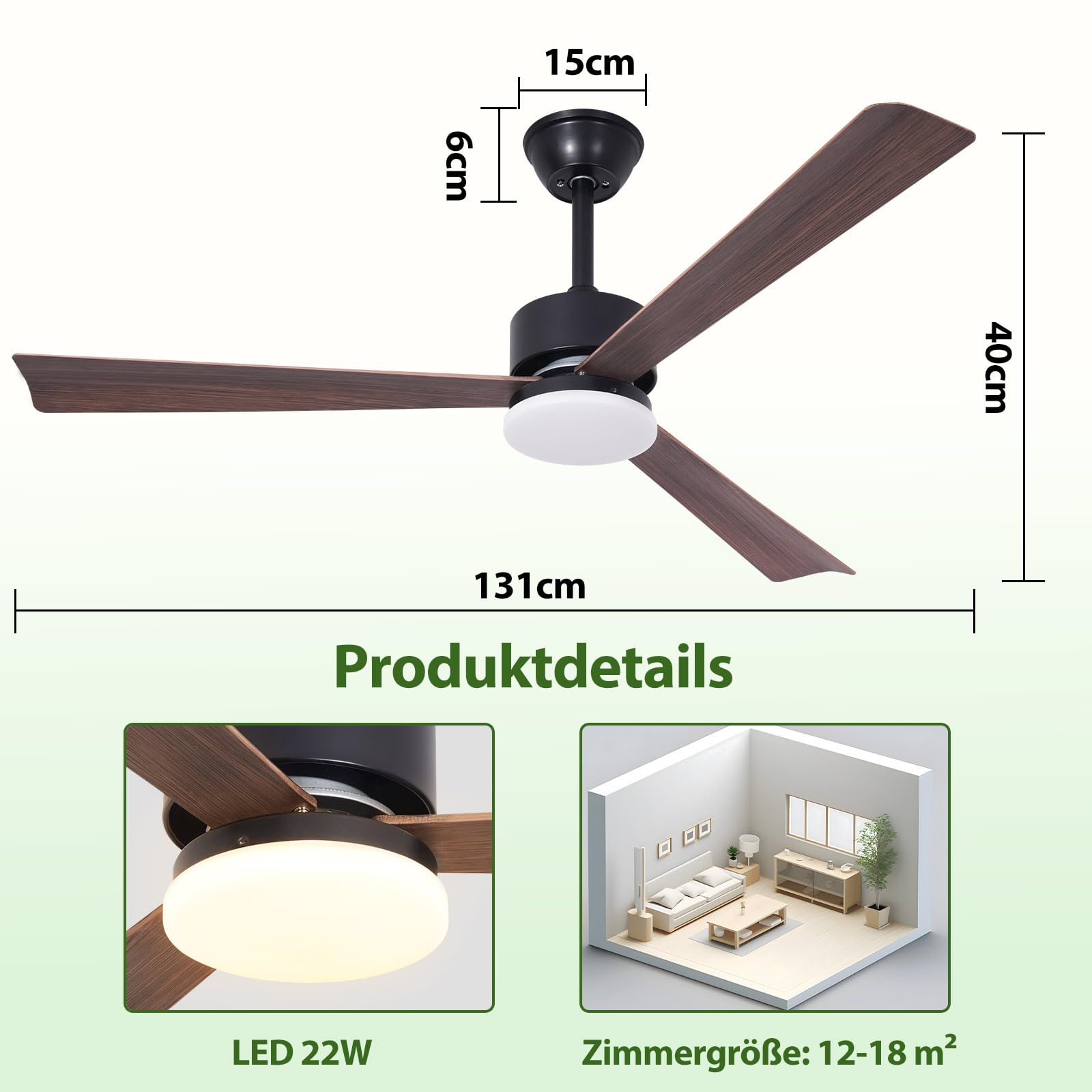 Glitzerlife LED Deckenventilator mit Beleuchtung und Fernbedienung | 22W Deckenventilatorn leise 131cm Ventilator mit Licht Dimmbar 6 Gang Timer Deckenlampe Ventilator Schlafzimmer Wohnzimmer