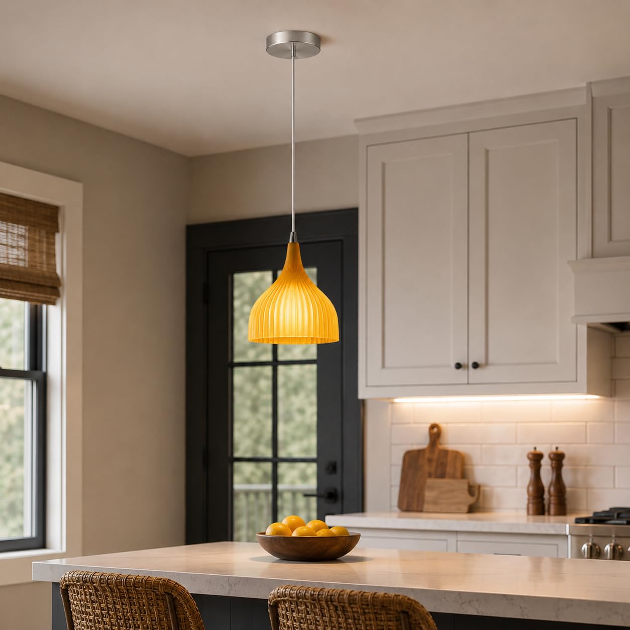 Ceramiczna lampa wisząca, żółty żebrowany klosz dzwonkowy z metalową rozetą, gniazdo E27, regulowany kabel 120 cm, idealny na wyspę kuchenną, jadalnię, sypialnię, korytarz i e