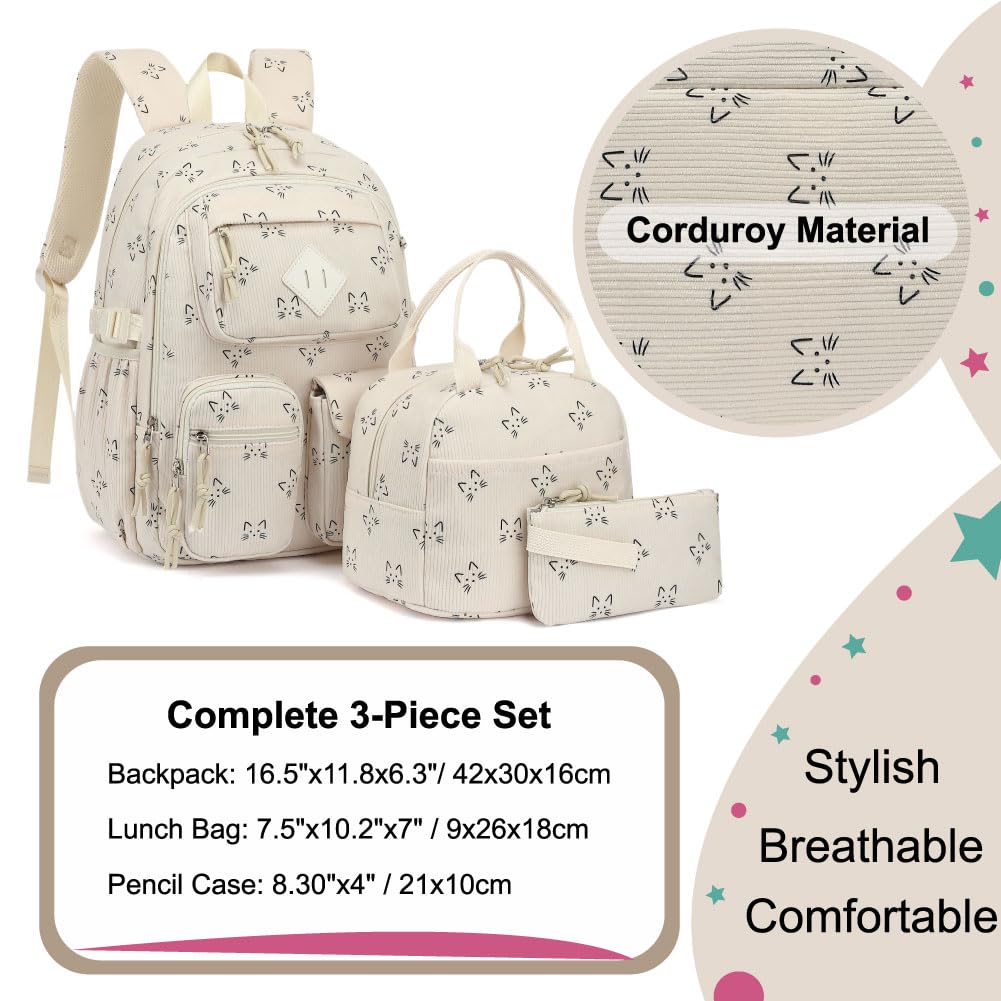 3-teiliges Schulrucksack-Set aus Cord für Mädchen und Jungen, Kinder-Büchertasche mit Lunchbox und Federmäppchen (Alter 8-18), Cord-Katze, 3-piece set