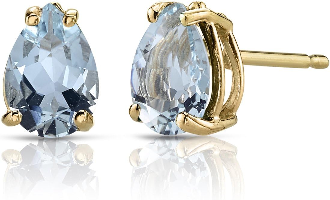 Peora 14K Yellow Gold Aquamarine Earrings for Women, Genuine Gemstone Solitaire Studs, 7x5mm Pear Shape, 1 Carat total, Friction Back, Blue Aquamarine Jewelry, March Birthstone Earrings
