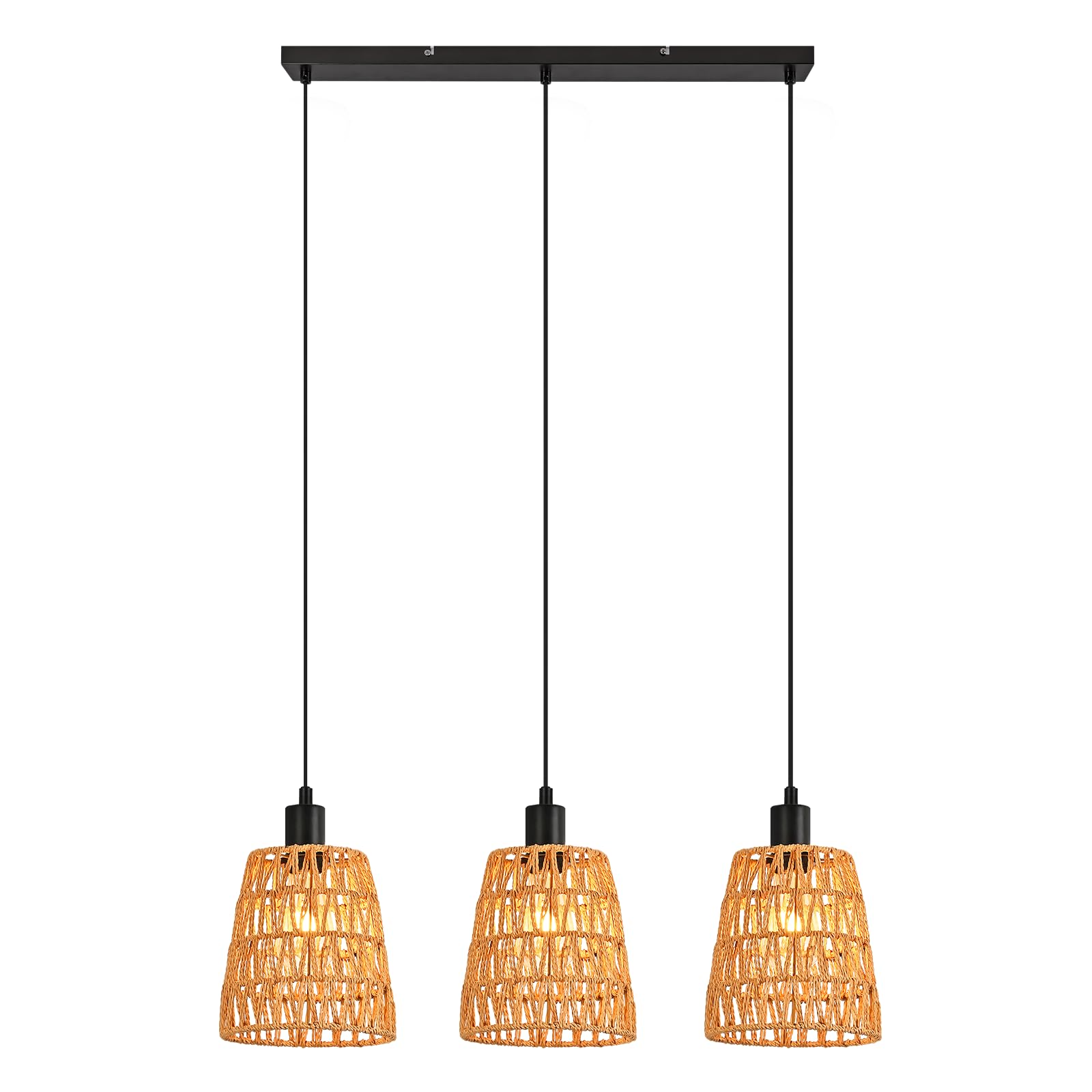 Hängelampe Boho Pendelleuchte Rattan - 3 Flammig Esstischlampe | Vintage Geflochten Hängeleuchte Esstisch Papierseil Lampenschirm mit E27 Retro für Esszimmer Schlafzimmer/Ohne Leuchtmittel