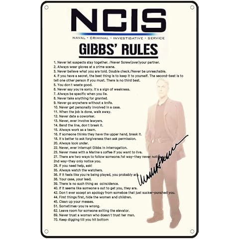 KDLY TV Show NCIS Gibbs Rules Leroy Jethro Gibbs Cast Signature Tin Metal Sign Wall Decor Funny Decoration for Home Kitchen Bar Room Garage Vintage Retro Poster Plaque 12x16 Inch Cover
